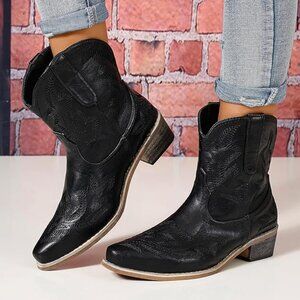 NEW! Cowgirl Western Ankle Booties Pointed Toe Low Chunky Heel Embroidered-BLACK